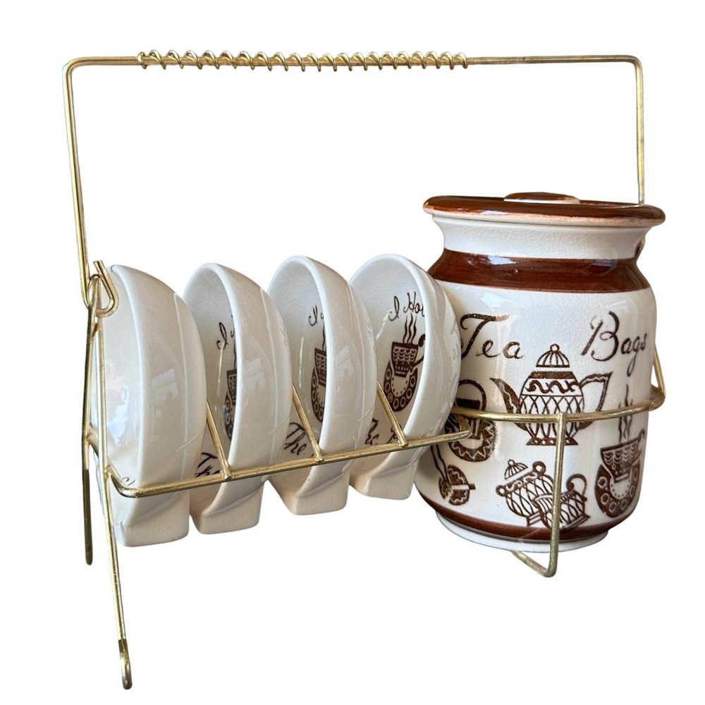 Vintage Ceramic Tea Bag Holder Set Jar Caddy Wire Rack Set